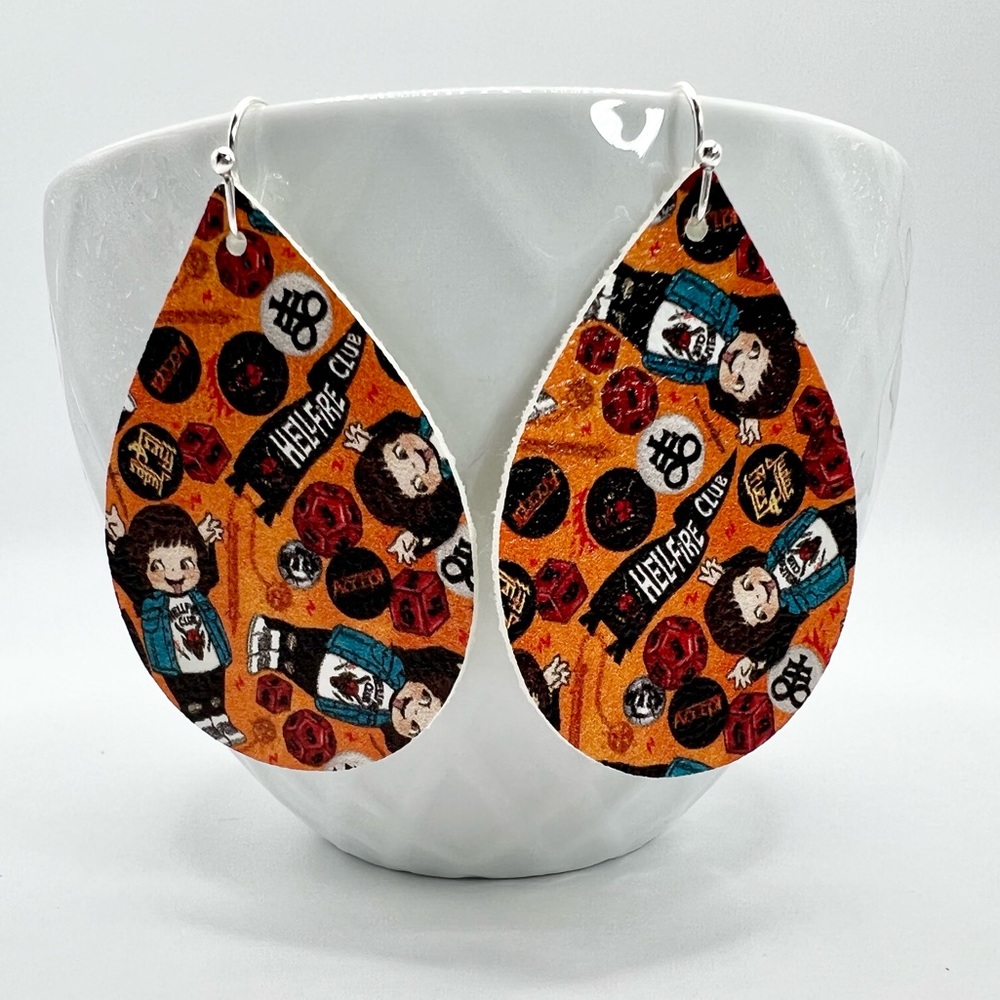 Stranger Things teardrop earrings, Hellfire club, Eddie Munson, vegan leather